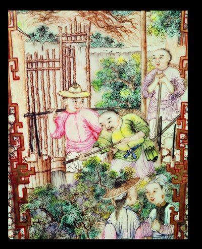 (detail) van een vaas met mannen die theeplanten water geven door Ming Dynasty Chinese School